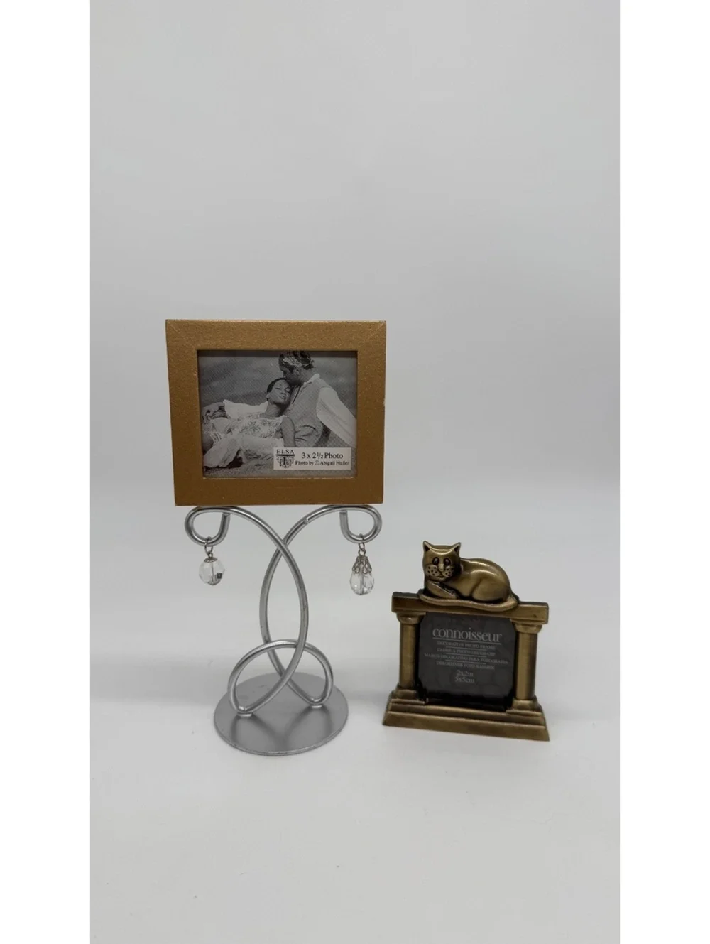 Lot of 2 Decorative Mini Picture Frames Cat Metal Crystal Tabletop